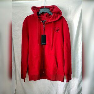 119 NWT True Religion Size XL Color Red Dahlia Multi Logo Flock Zip Up